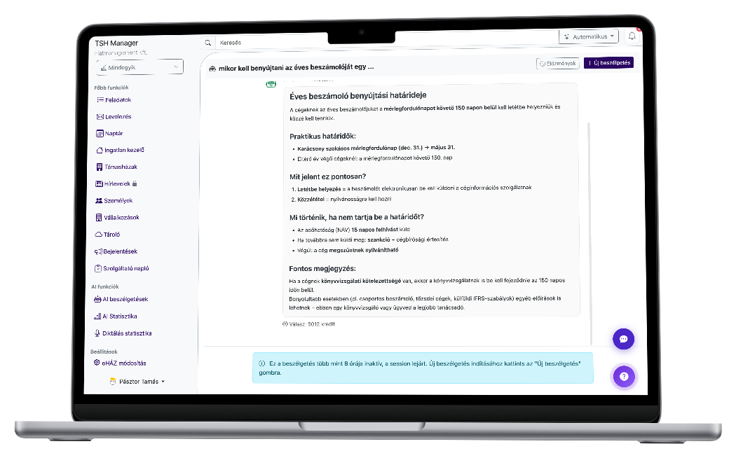 TSH Manager AI chat, jogszabályi kérdés megválaszolása