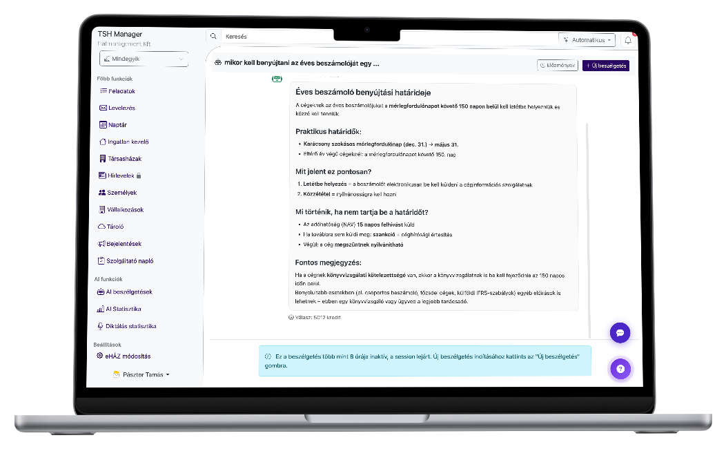 TSH Manager AI chat éles felülete