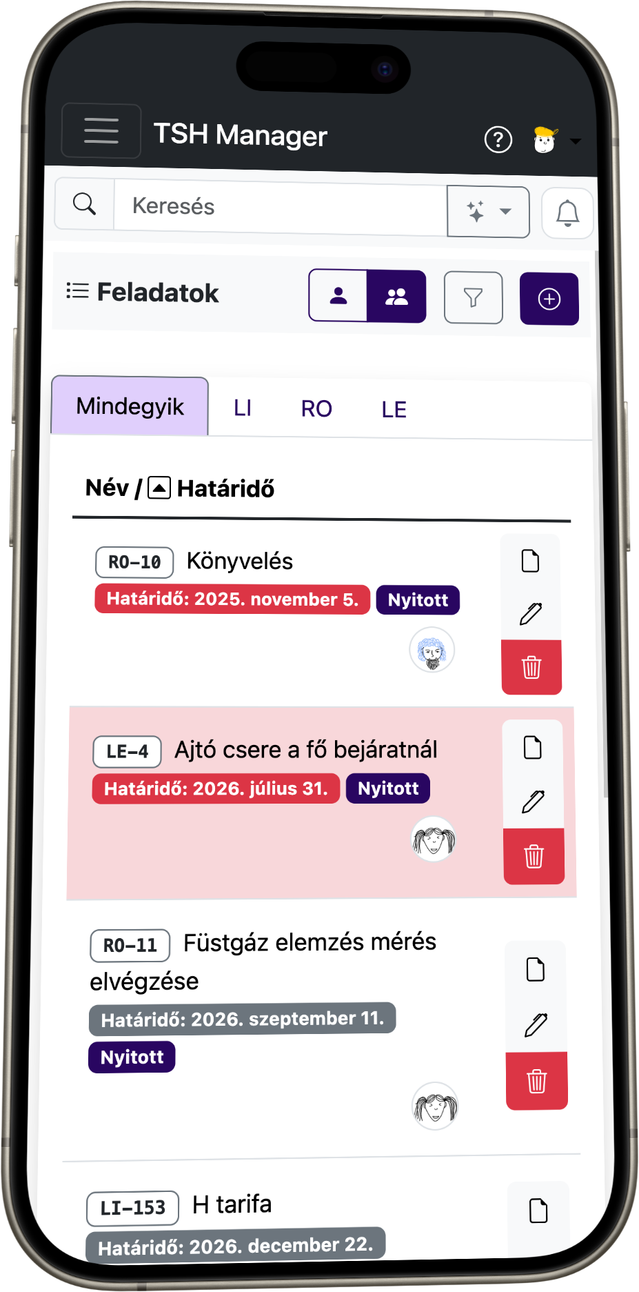 TSH Manager mobilalkalmazás, feladatlista