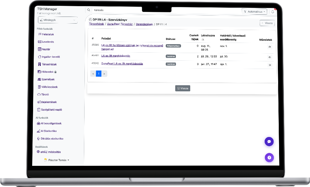 TSH Manager digitális szervízkönyv MacBook nézeten